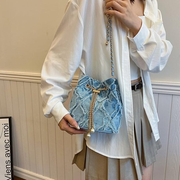 Small Denim Bucket Bag, Jean Purses for Women Denim Crossbody Bags Hobo Bag Draw - Picture 2 of 7